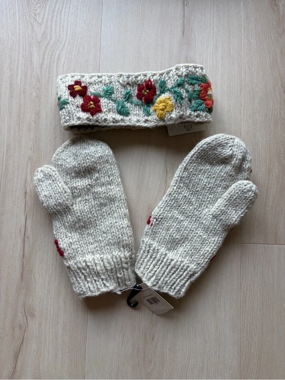 Wool Knit Mittens and Headband Set with Floral Embroidery
